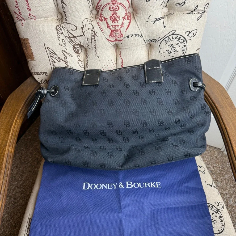 Dooney & Bourke Signature Monogram Canvas Tote Bag Black Leather Trim Pocket